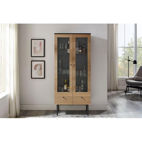Vitrine SALESFEVER "Torsby Designer Vitrine in edler Optik", beige (natur, schwarz), B:79cm H:179cm T:43cm, Furnier, MDF, Metall, Schränke, Vitrine, Eiche Echtholzfurnier