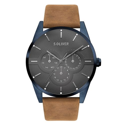 S.Oliver SO-3571-LM Herren-Armbanduhr, Edelstahl-Gehäuse, Leder-Armband