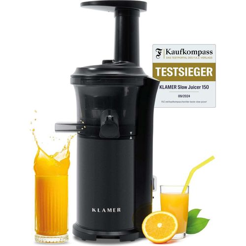 KLAMER Slow Juicer Gemüse und Obst, Entsafter mit Rückwärtsgang, elektrische Fruchtpresse mit Bürste und 2 Behältern, schlankes Design, schwarz
