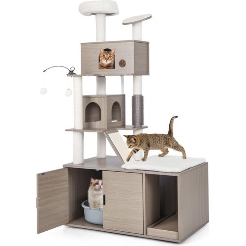 GOPLUS Katzenbaum mit Katzenschrank, All-in-One Kratzbaum mit Höhle, Kratzstämmen, Sisal-Kratzmatten, baumelnden Bällen, Fellpfleger, Moderne Katzenmöbel für Wohnungskatzen (95 x 55,5 x 173 cm)