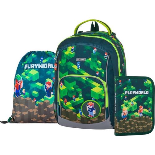 Ergonomischer Rucksack mit Minecraft-Muster, Schultasche mit Stiftehalter und Turnbeutel, OXY GO Playworld