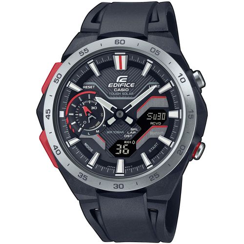 Smartwatch CASIO EDIFICE, schwarz (schwarz, rot), Smartwatches, Quarzuhr,Armbanduhr,Herrenuhr,Stoppfunktion,Bluetooth,Edelstahlarmband