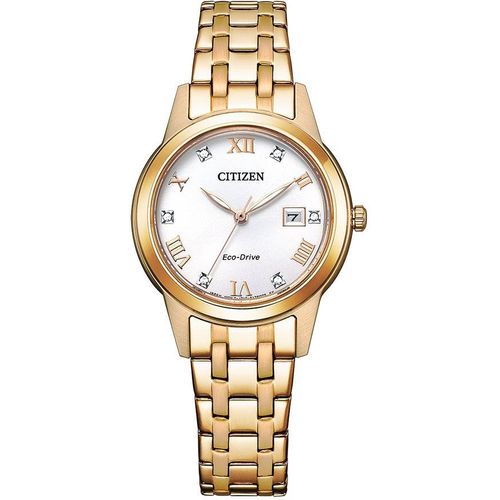 Solaruhr CITIZEN, gold (goldfarben, silberfarben), Armbanduhren, Damen, Armbanduhr, Damenuhr, Datum, Kristallsteine, Edelstahlarmband