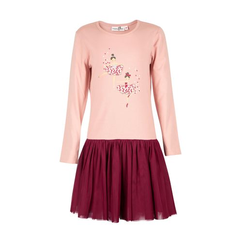 Shirtkleid HAPPY GIRLS, Mädchen, Gr. 134, N-Gr, dusty rose, Jersey, Obermaterial: 95% Baumwolle, 5% Elasthan. Futter: 100% Polyester. Unterteil: 100% Polyester, bedruckt, regular fit knieumspielend, Rundhals, Kleider