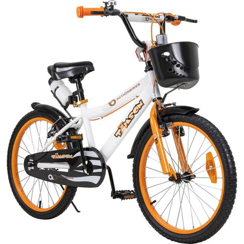 Actionbikes Kinderfahrrad Timson 20 Zoll | Kinder Fahrrad - V-Brake Bremsen - Kettenschutz - Fahrradständer - Fahrradkorb - 6-9 Jahre (Orange/Weiß)