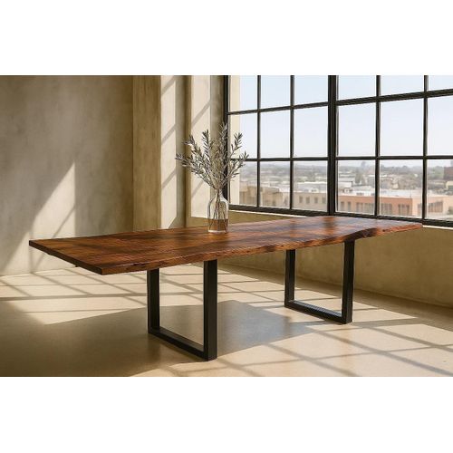 Esstisch Baumkante Akazie nougat 200 (300) x 100 mit Ansteckplatten BARCELONA