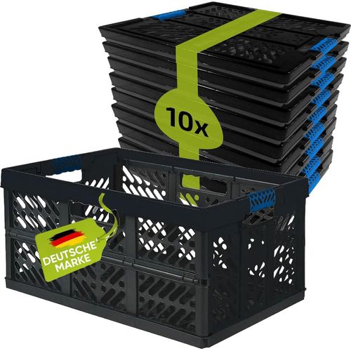10 x Robuste Profi - Klappbox 45 L bis 50 kg - Faltbox, Kiste, Korb zur Aufbewahrung, Transport - schwarz/blau