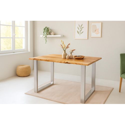 Esstisch Baumkante 160 x 85 cm massiv Akazie natur U-Gestell silber QUINN