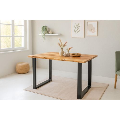 Esstisch Baumkante 120 x 80 cm massiv Akazie natur U-Gestell schwarz QUINN