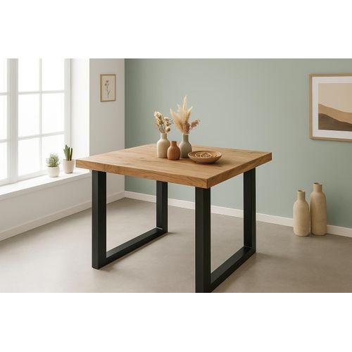 Esstisch 90x90cm Akazienholz naturfarben gerade Kante U-Gestell schwarz RIO