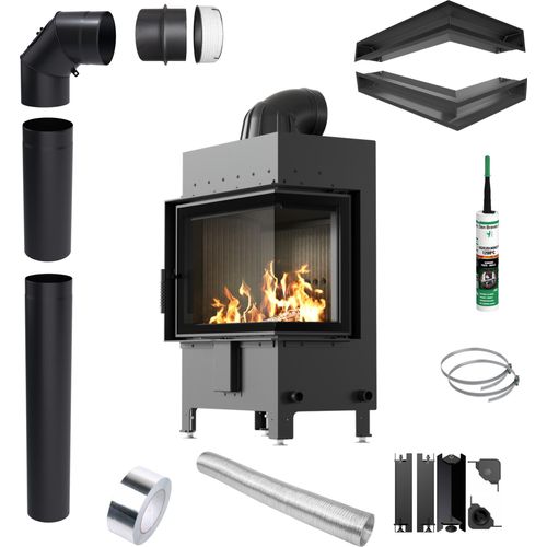Kamin KRATKI LUCY Rechts 12kW Ø200 SCHWARZ Rohrset Luft mit Schließung