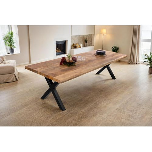 Esstisch Cali | 300 x 100 cm | Mangoholz | Farbe: Natur/rau | X-Gestell Metall Schwarz | Massivholz mit echter Baumkante | pflegeleichter Baumkantentisch/Esszimmertisch