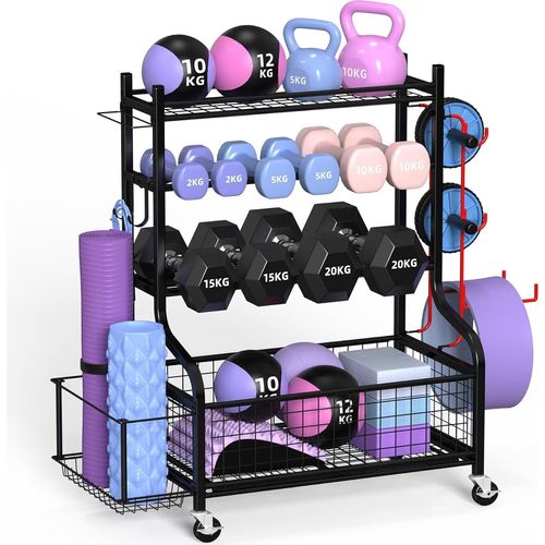ZACHVO Hantelständer, Multifunktionaler Kurzhantelständer für Hanteln, Yoga Matte, Faszienrolle, Kettlebell und Block, Dumbbells Regal Home Gym mit 4