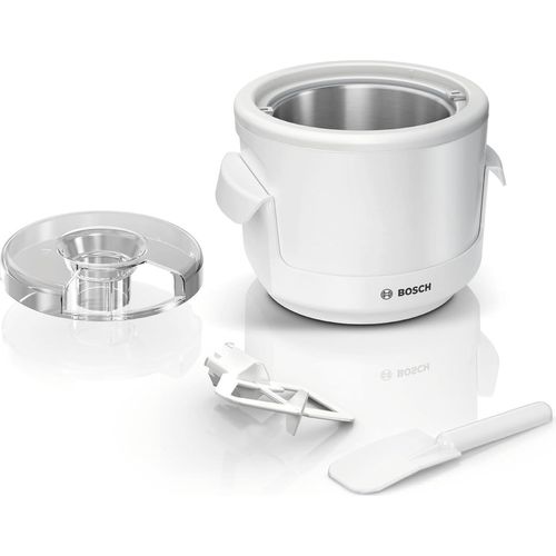 Bosch Eisbereiter MUZS2EB, 550ml, selbstgemachtes Eis, Sorbet und Frozen Yoghurt, weiß, Spritzschutzdeckel mit Einfüllöffnung, passend für MUM Serie