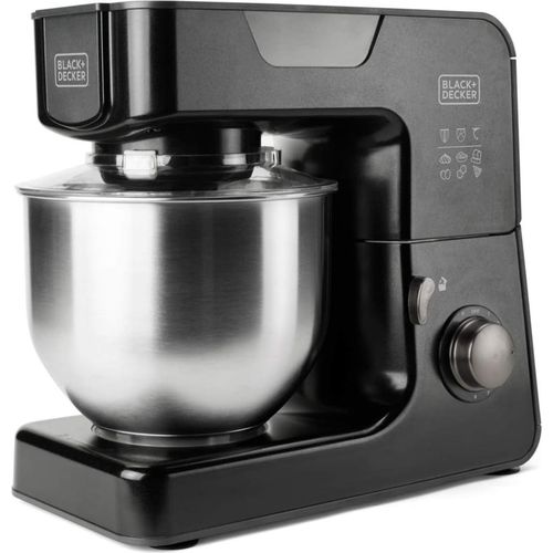 BLACK+DECKER BXKM1000E - Küchenmaschine mit 5,2-Liter-Edelstahlschüssel, 8 Geschwindigkeiten + Turbofunktion, Spritzschutz, Standfest,