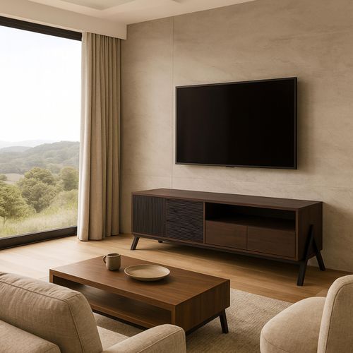 TV-Rack HWC-O40, Lowboard TV-Schrank 2 Schubladen Türen Staufächer, MDF Metall Melamin 48x155x40cm Walnuss-Optik
