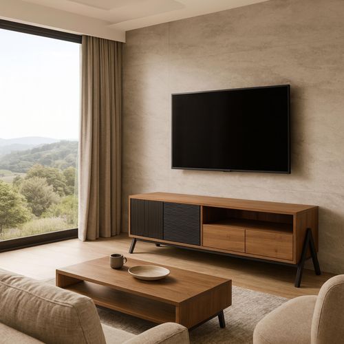 TV-Rack HWC-O40, Lowboard TV-Schrank 2 Schubladen Türen Staufächer, MDF Metall Melamin 48x155x40cm natur