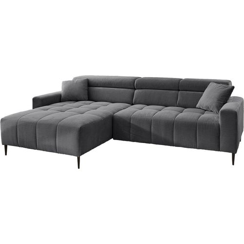 Ecksofa - 256 x 180 cm - Grau - Cord - elektr. Sitztiefenverstellung
