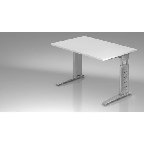 Schreibtisch U-Serie | inkl. Kabelwanne | C-Fuß | höheneinstellbar, Größe Tischplatte:120 x 80 cm, Farbe Tischplatte:Weiß, Farbe Gestell:Silber