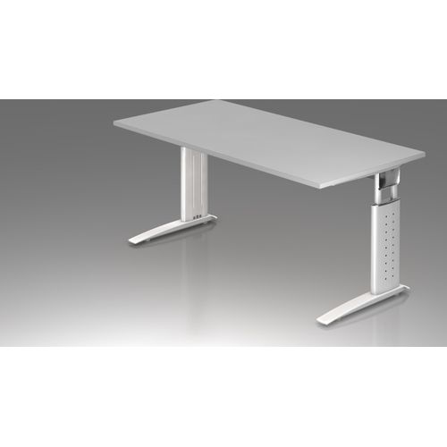 Schreibtisch U-Serie | inkl. Kabelwanne | C-Fuß | höheneinstellbar, Größe Tischplatte:160 x 80 cm, Farbe Tischplatte:Grau, Farbe Gestell:Weiß