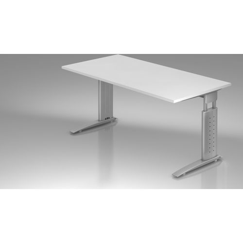Schreibtisch U-Serie | inkl. Kabelwanne | C-Fuß | höheneinstellbar, Größe Tischplatte:160 x 80 cm, Farbe Tischplatte:Weiß, Farbe Gestell:Silber