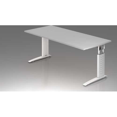Schreibtisch U-Serie | inkl. Kabelwanne | C-Fuß | höheneinstellbar, Größe Tischplatte:180 x 80 cm, Farbe Tischplatte:Grau, Farbe Gestell:Weiß