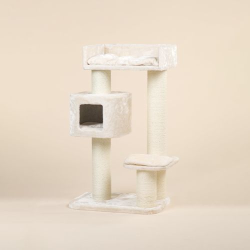 RHRQuality Kratzbaum für große Katzen – Devon Rex – 120 cm hoch – mit 15 cm Sisalstämmen & Spielhaus – Creme