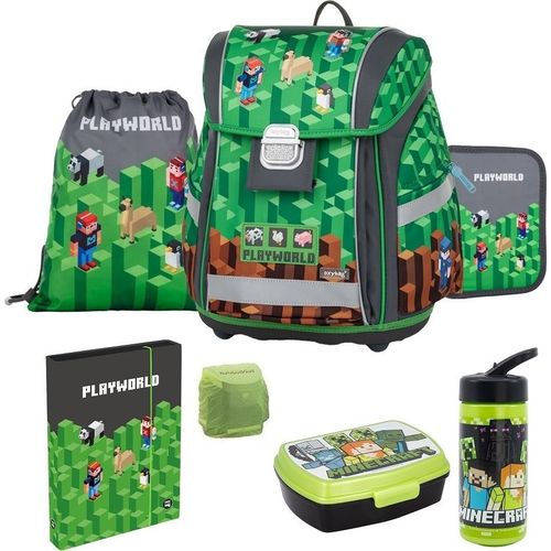 Playworld Gaming Pixel Schulranzen Set 7-teilig mit Federmappe & Regenschutz