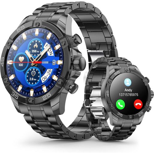 OHUGNA Herren Smartwatch 1.53 Zoll HD rund 100+ Sportmodi Fitness Tracker Bluetooth Anrufe IP67 wasserdicht kompatibel mit iOS & Android