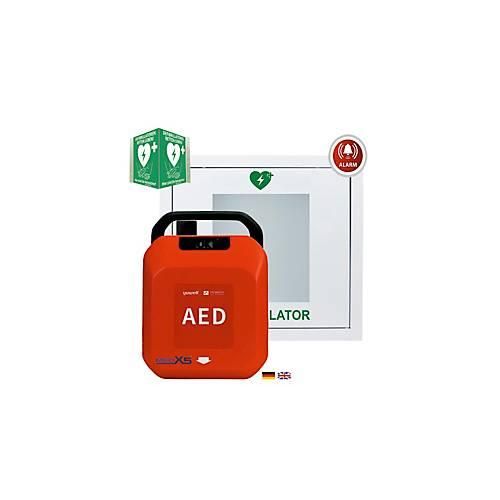 Defibrillator MedX5 HeartSave YA, automatische Schockabgabe, Sprachausgabe DE/EN, IP55, Metall-Wandkasten inkl. Alarm, ohne HLW-Feedback-Sensor