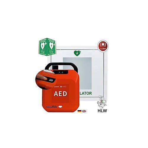 Defibrillator MedX5 HeartSave Y, für Innen, manuelle Schockabgabe, Sprachausgabe DE/EN, IP55, Metall-Wandkasten inkl. Alarm, mit HLW-Feedback-Sensor