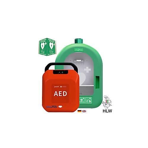 Defibrillator MedX5 HeartSave YA, automatische Schockabgabe, Sprachausgabe DE/EN, IP55, PVC-Wandkasten inkl. Alarm, mit HLW-Feedback-Sensor