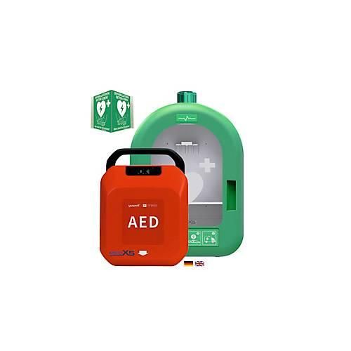 Defibrillator MedX5 HeartSave YA, automatische Schockabgabe, Sprachausgabe DE/EN, IP55, PVC-Wandkasten inkl. Alarm, ohne HLW-Feedback-Sensor