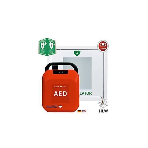 Defibrillator MedX5 HeartSave YA, automatische Schockabgabe, Sprachausgabe DE/EN, IP55, Metall-Wandkasten inkl. Alarm, mit HLW-Feedback-Sensor