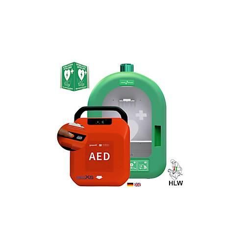 Defibrillator MedX5 HeartSave Y, manuelle Schockabgabe, Sprachausgabe DE/EN, Grafikanzeige, IP55, PVC-Wandkasten inkl. Alarm, mit HLW-Feedback-Sensor