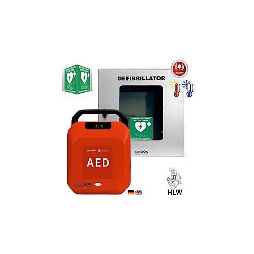 Defibrillator MedX5 HeartSave YA, automatische Schockabgabe, Sprachausgabe DE/EN, IP55, klimatisierter Wandkasten inkl. Alarm, mit HLW-Feedback-Sensor