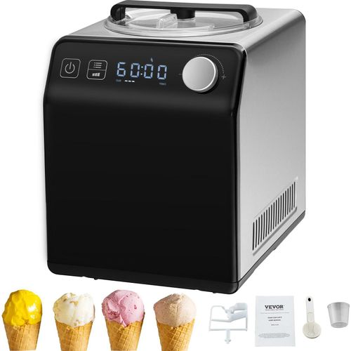 Kompressor Eismaschine Eiscrememaschine 2 L, 180 W Frozen Joghurtbereiter Speiseeismaschine 3 Modi Joghurtmaschine Haushalt, Tragbare Eismaschine Sorbet Gelato Geräuscharm Schwarz Elektrisch