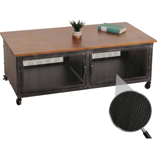 Couchtisch HWC-N28, Sofatisch, Rollen 2 Fächer, 3D-Struktur Industrial Retro Metall Holz 45x120x60cm schwarz, braun