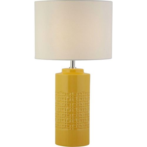 Nachttischlampe Keramik Stoff E27 D: 28 cm rund 52 cm Ockergelb Weiß Retro Keramikleuchte