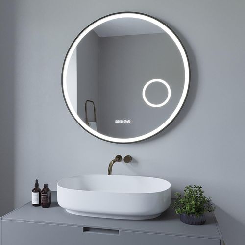 Badezimmerspiegel Wandspiegel 80 cm Rund Schwarz matt Badspiegel mit Beleuchtung Hängespiegel Moderne Wohnzimmerspiegel Runder Dekospiegel Aluminium Rahmen