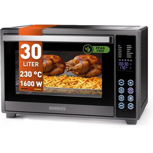 Heinrich´s Minibackofen 30L mit Umluft, Touch-Bedienung, Timer, Innenbeleuchtung, Drehspieß, 100–230°C, inkl. Zubehör, 1600W, schwarz