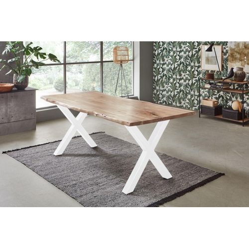 Esstisch 260x100 cm Bologna, Akazienholz massiv + naturfarben + lackiert, echte Baumkante, Baumkantentisch mit X-Gestell aus Metall Weiß, Esszimmertisch/Holztisch/Küchentisch