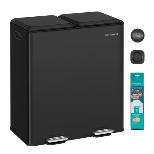 Mülleimer Küche, 2 x 30 L, 2 Fächer, Mülltrennsystem, Softclose, herausnehmbare Inneneimer, Pedalen, Stahl, schwarz