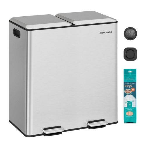 Mülleimer Küche, 2 x 30 L, 2 Fächer, Mülltrennsystem, Softclose, herausnehmbare Inneneimer, Pedalen, Edelstahl, metallicsilber