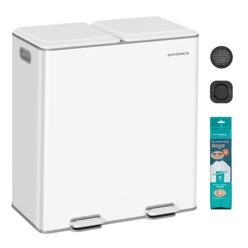 Mülleimer Küche, 2 x 30 L, 2 Fächer, Mülltrennsystem, Softclose, herausnehmbare Inneneimer, Pedalen, Stahl, weiß