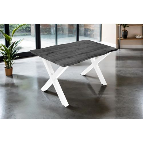 Esstisch 120x80 cm Baumkante Holz Grau-Optik X-Gestell Metall weiß JOSY