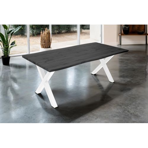 Esstisch 200x100 cm Baumkante Holz Grau-Optik X-Gestell Metall weiß JOSY