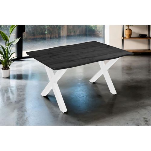 Esstisch 160x85 cm Baumkante Holz Grau-Optik X-Gestell Metall weiß JOSY