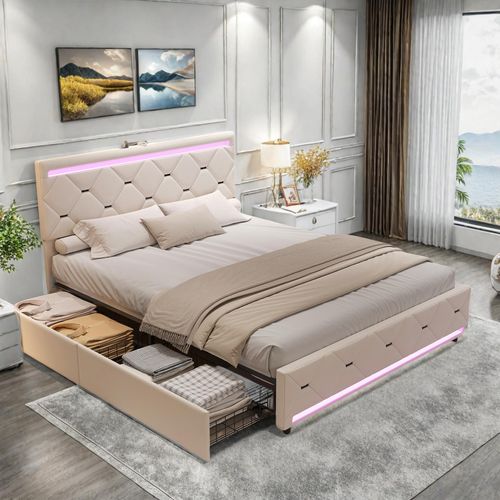 ProximaX Polsterbett 140x200 cm | 4 Schubladen & Stauraum | USB & LED-Bettbeleuchtung, Samt, Beige