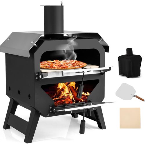 KOMFOTTEU Pizza Offen Outdoor, Pizzaofen tragbarer mit Pizzastein, Pizzaschieber & Oxford-Stoffabdeckung, Holzofen aus Edelstahl mit Griffen, Pizza Backofen für Garten, Camping, BBQ